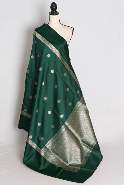 Protha : Bottle Green Tussar Silk Banarasi Saree with 36 Size Blouse image 3