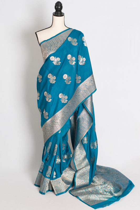 Kalyani : Turquoise Blue Semi Crepe Banarasi Saree with Silver Zari image 0
