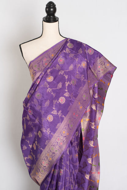 Amrita : Semi Crepe Silk Jaal Banarasi Saree in Purple and Gold image 5