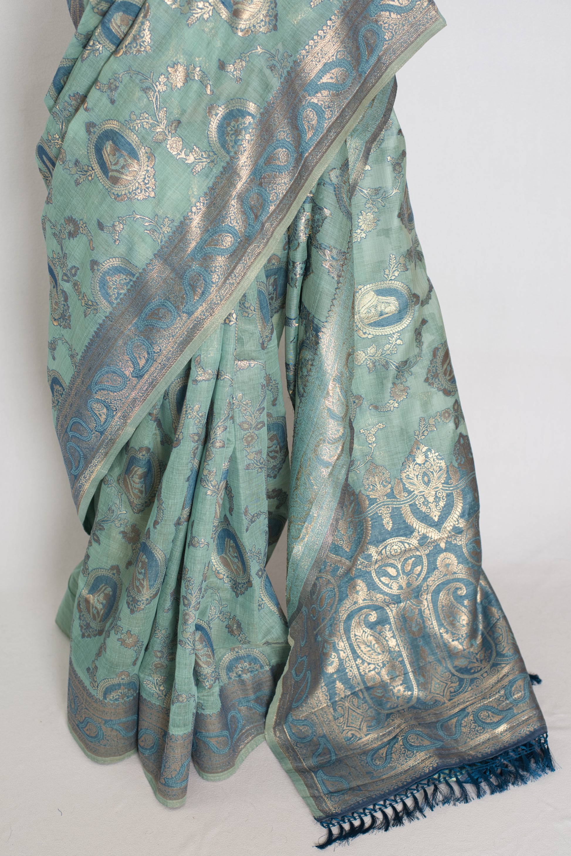 Mira | Pastel Blue Blended Cotton Saree | Traditional Baluchari Motifs image 6