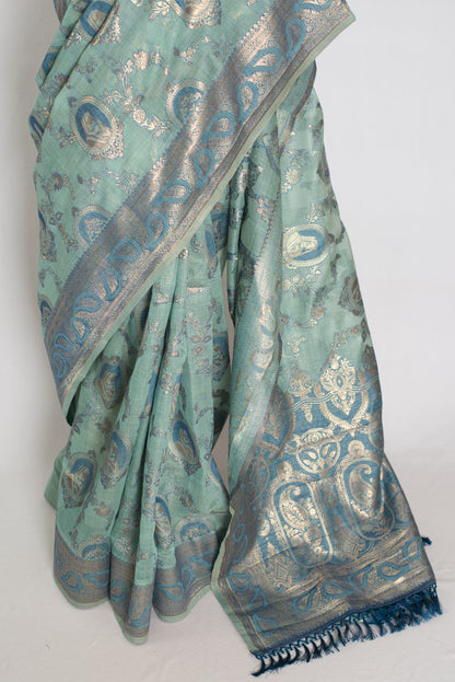 Mira | Pastel Blue Blended Cotton Saree | Traditional Baluchari Motifs image 6