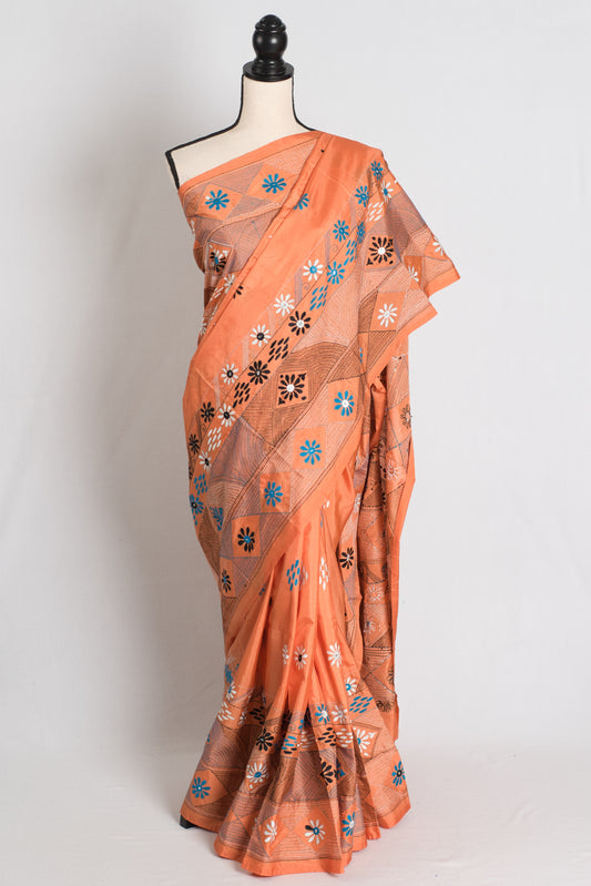 Rukmini : Light Orange Blended Silk Saree with Hand Embroidery Lambani Work image 0