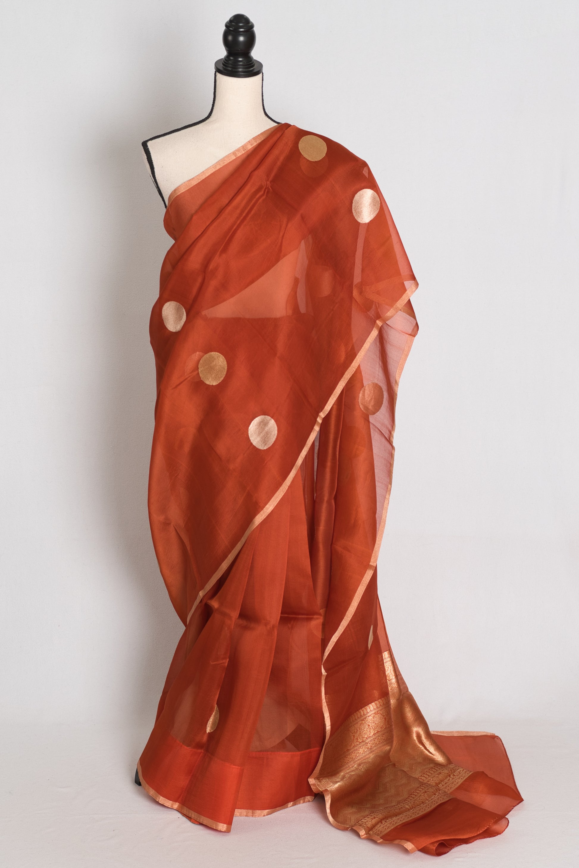 Ira : Rust Brown and Gold Polka Dot Kora Organza Banarasi Saree | Silk Mark image 0