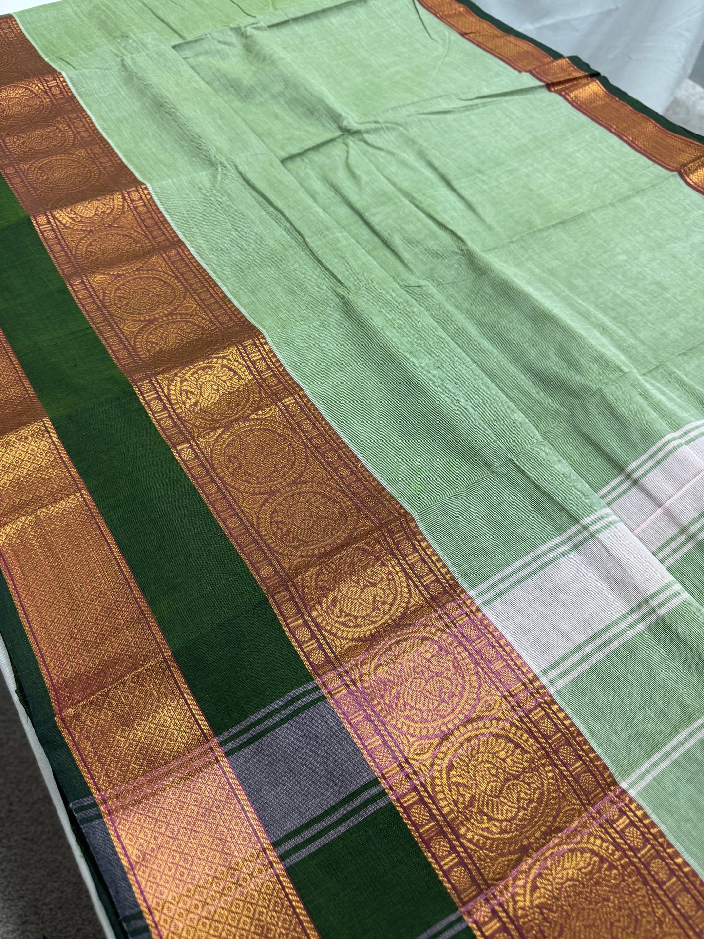 Girija : Handwoven Kanchi Cotton Saree in Mint Green with Green image 0