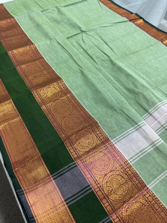 Girija : Handwoven Kanchi Cotton Saree in Mint Green with Green image 0