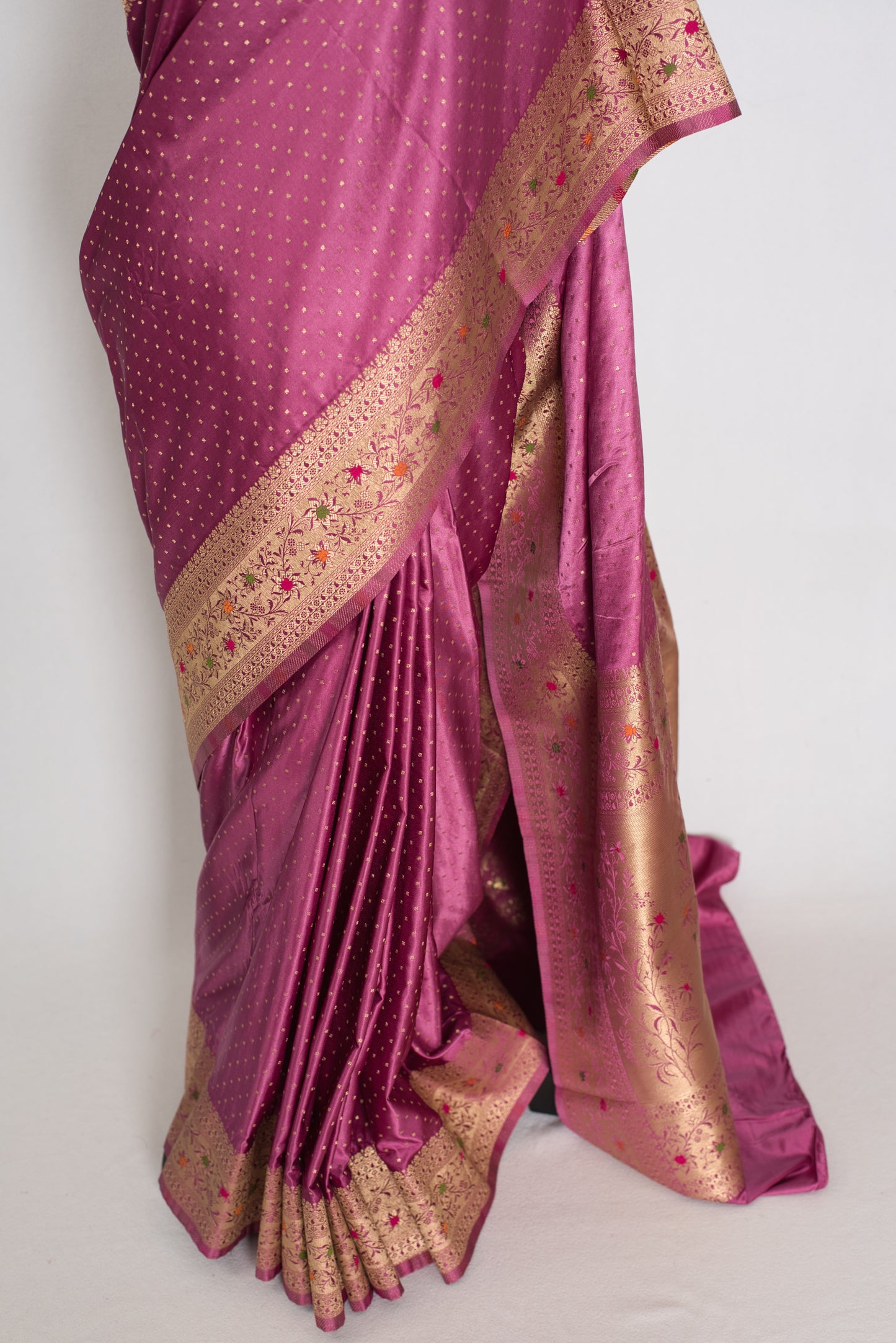 Indrani | Purplish Pink Semi Mashru Banarasi Saree | Pre-Stitched Size 36 Blouse image 6