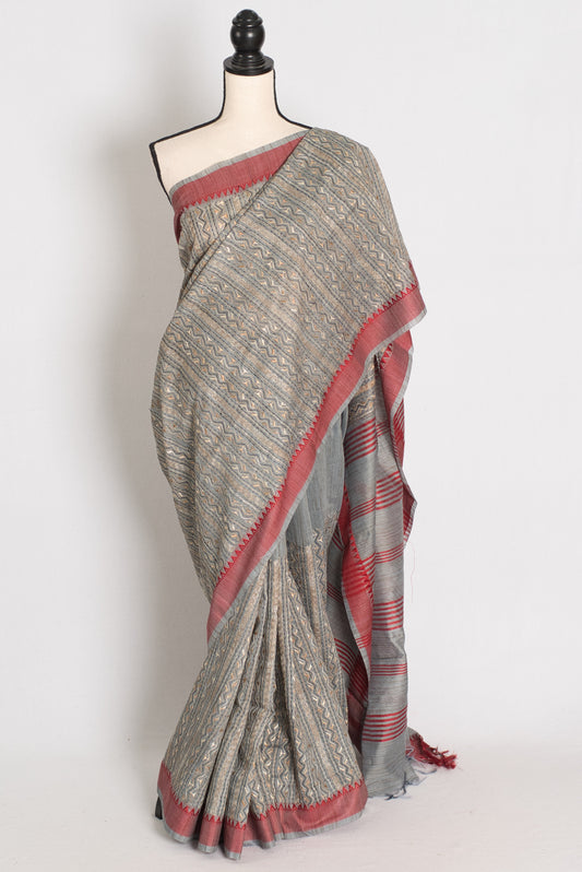 Mahi : Gray and Red Machine Embroidery Kantha Saree image 0