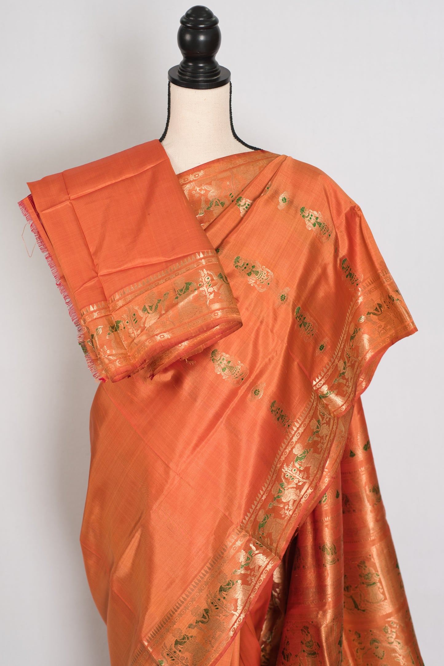 Gauri | Orange and Green Handwoven Bishnupuri Minakari Swarnachari Silk Saree image 2