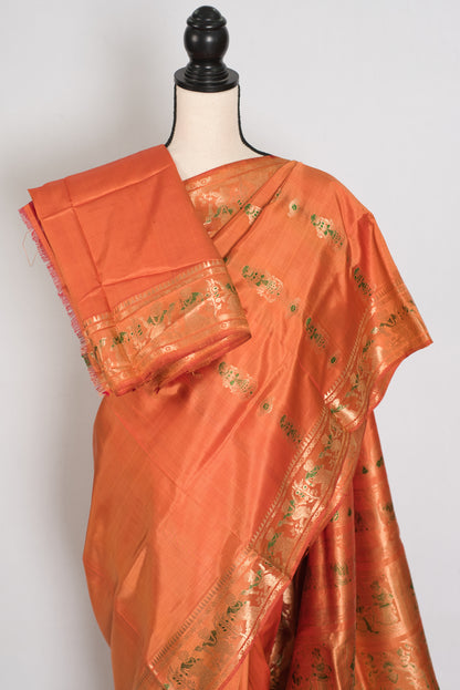 Gauri | Orange and Green Handwoven Bishnupuri Minakari Swarnachari Silk Saree image 2