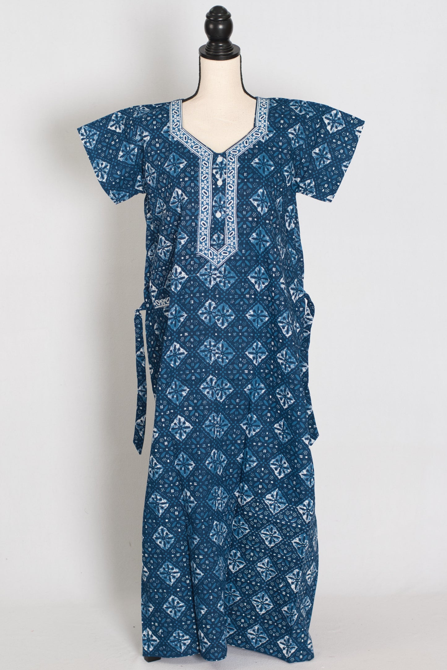 Indigo Blue Geometric Diamond Print Pure Cotton Indian Nightgown image 1