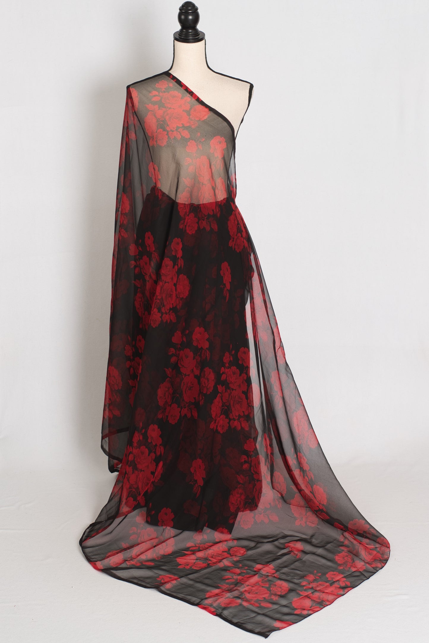 Mita : Black and Red Rose Printed Chiffon Saree - Budget Clearance Edition image 1