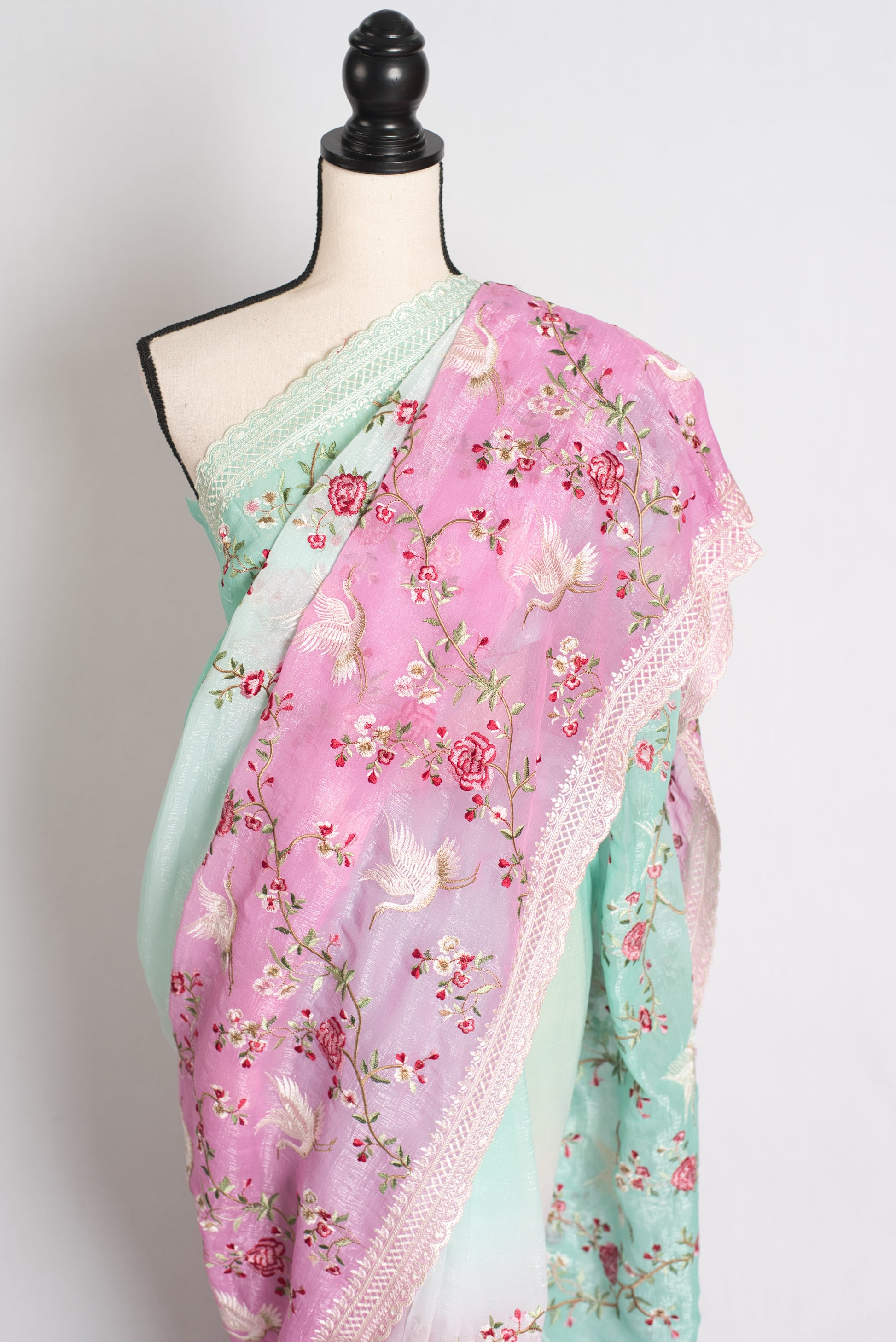 Farah : Sea Green and Pink Parsi Embroidery Designer Tissue Saree image 5