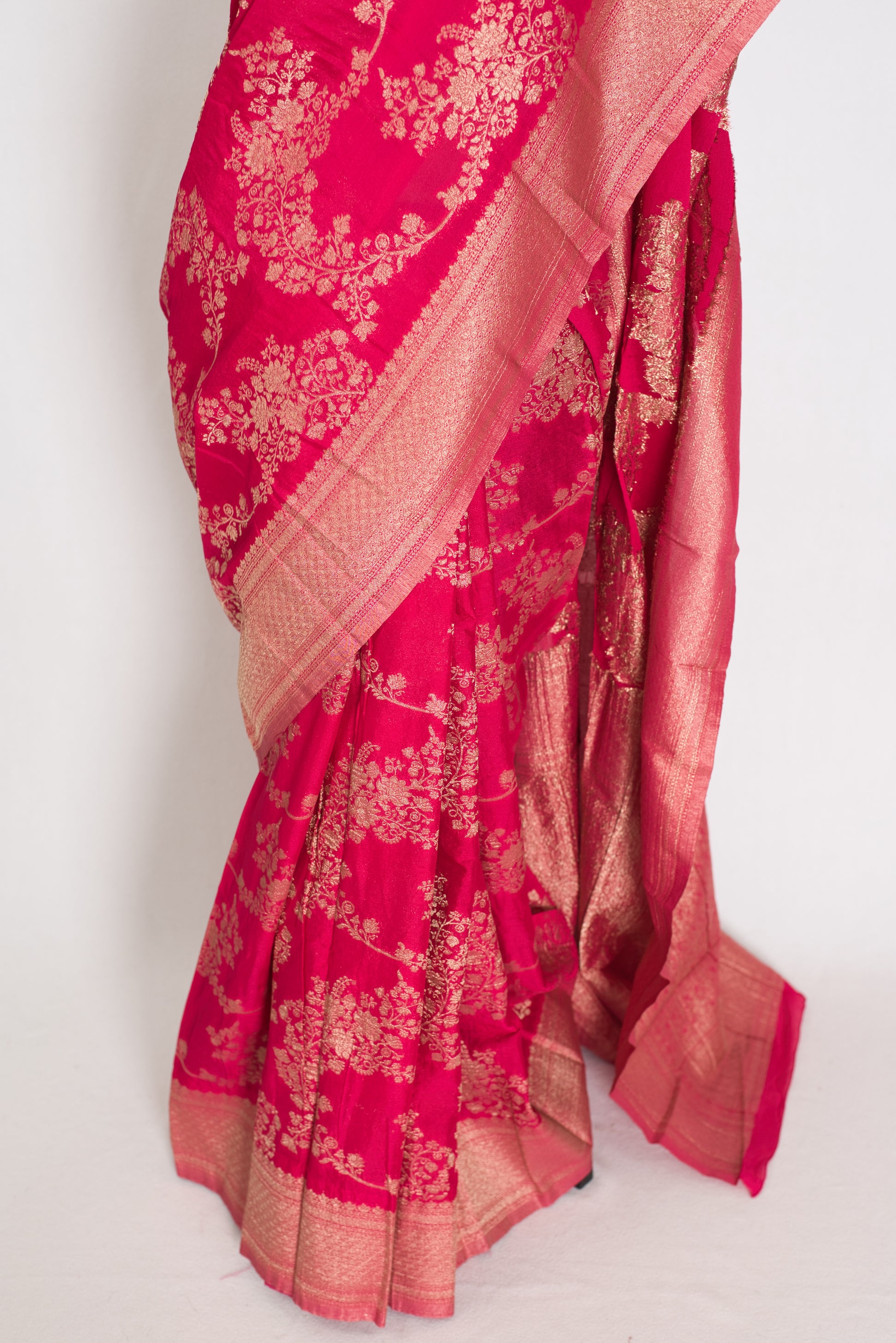 Siri: Rani Pink Semi Georgette Banarasi Saree with 42 Size Blouse image 7