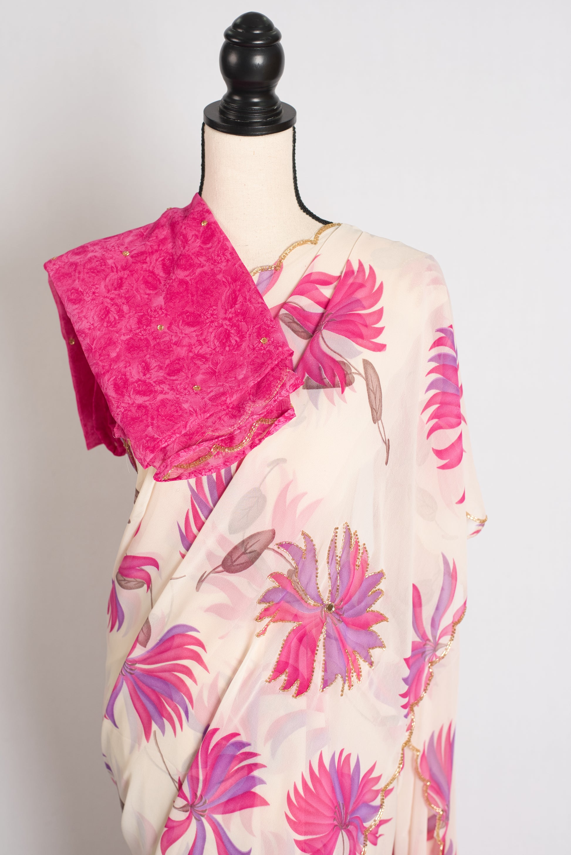 Indira : Off White and Pink Floral Georgette Hand Embroidered Designer Saree image 2