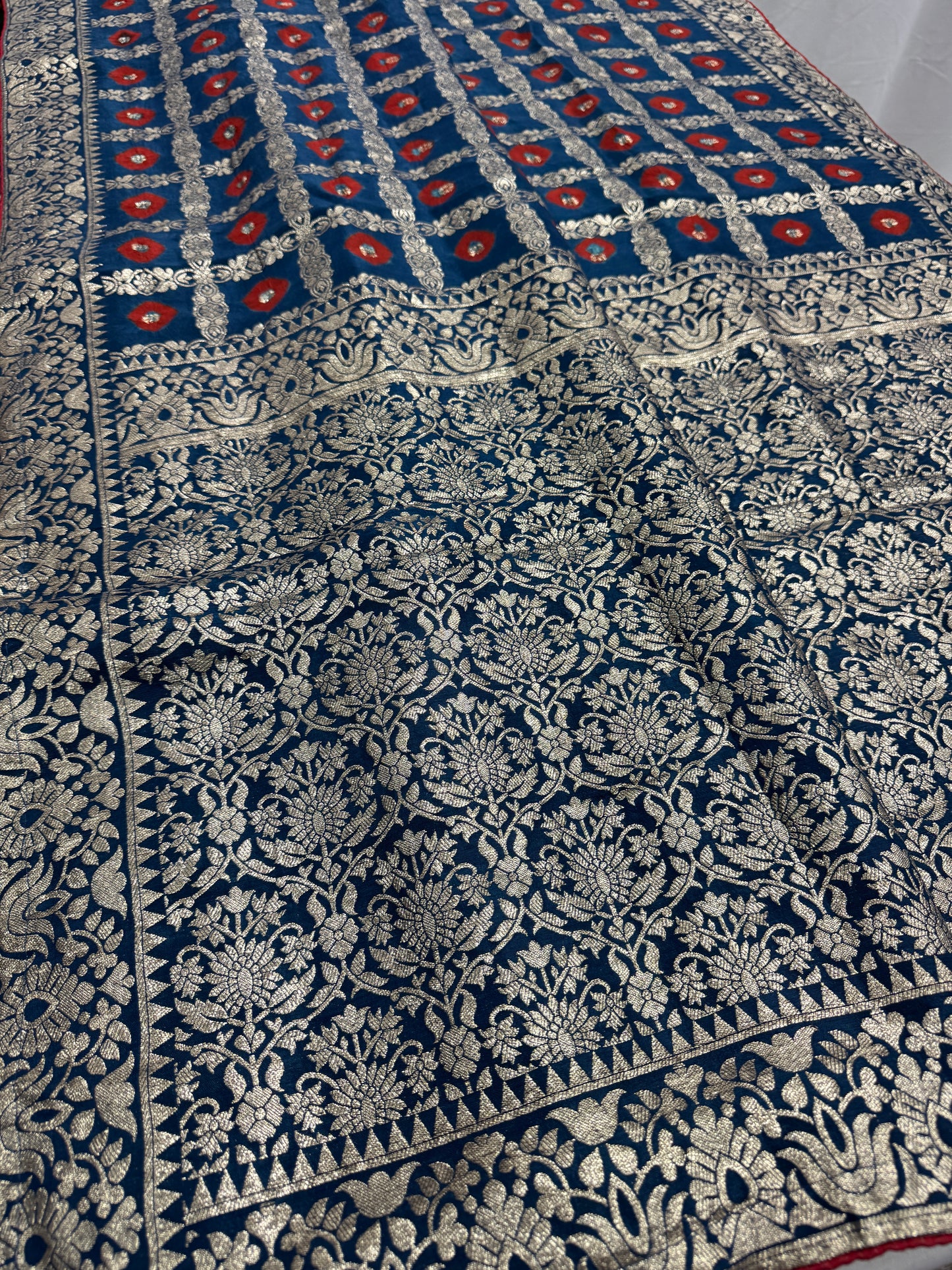 Parul | Dark Blue & Red Gharchola Banarasi Saree | Silver Zari Dola Silk image 2