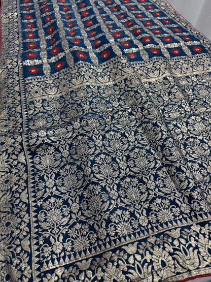 Parul | Dark Blue & Red Gharchola Banarasi Saree | Silver Zari Dola Silk image 2