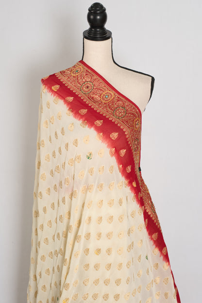 Maya | Off-White & Red Crepe Georgette Banarasi Saree | Bengali Look image 4