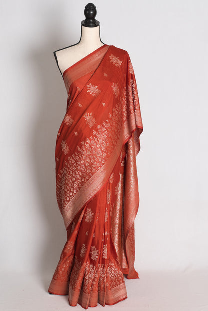 Priya: Rust Brown Lightweight Semi Georgette Banarasi Saree image 0