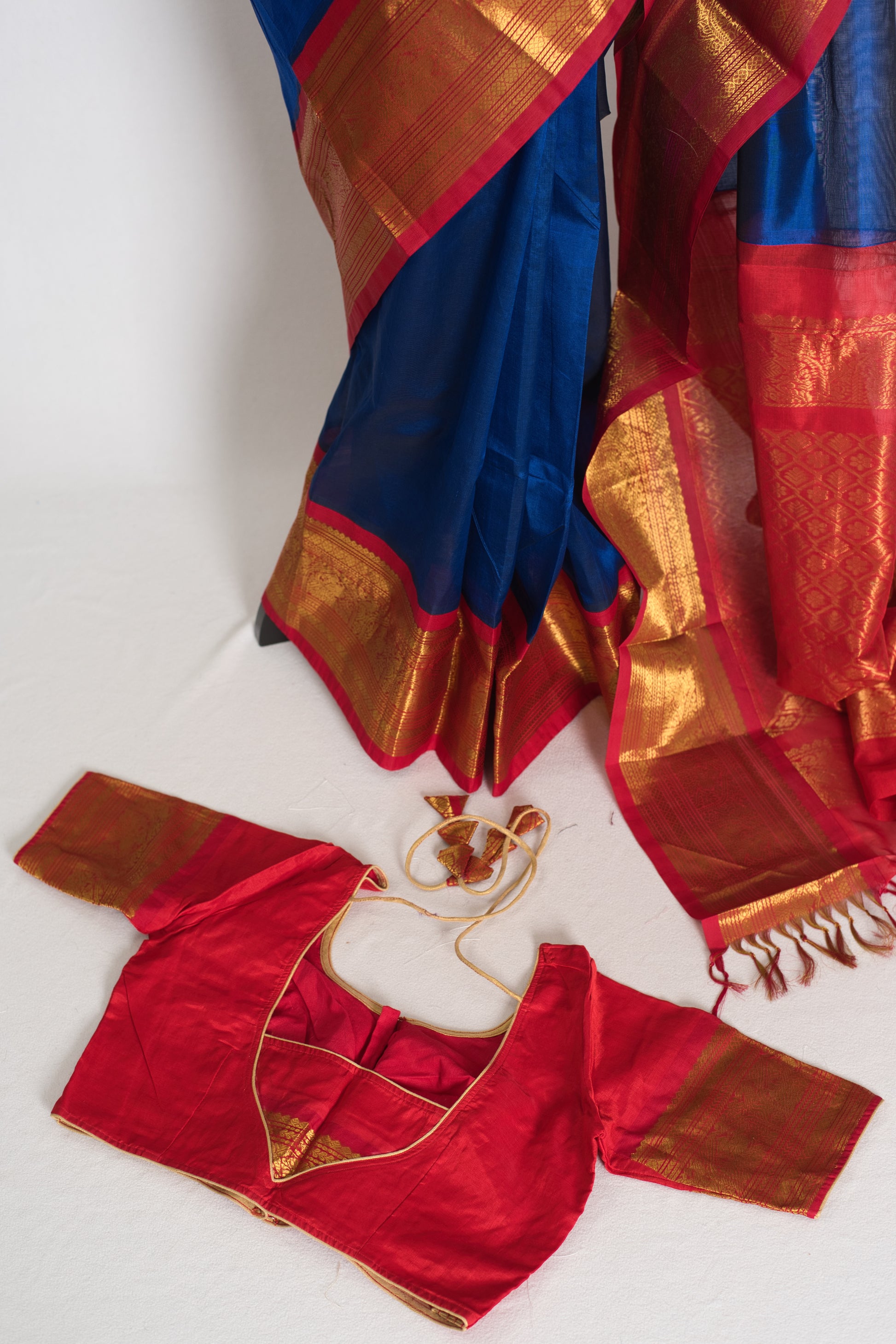 Mala : Royal Blue and Red Cotton Silk Kanjivaram Saree with 38 Size Blouse image 2