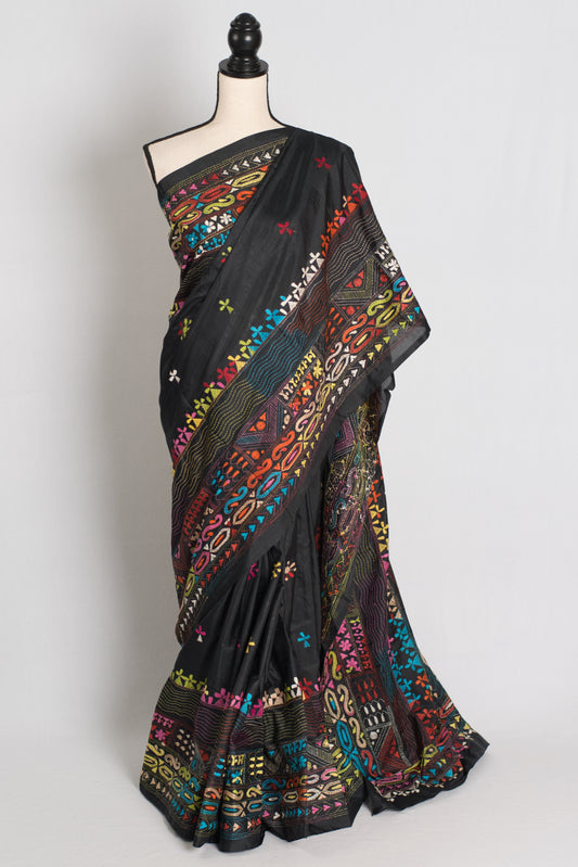 Bidisha : Black Blended Silk Saree with Lambani Hand Embroidery image 0