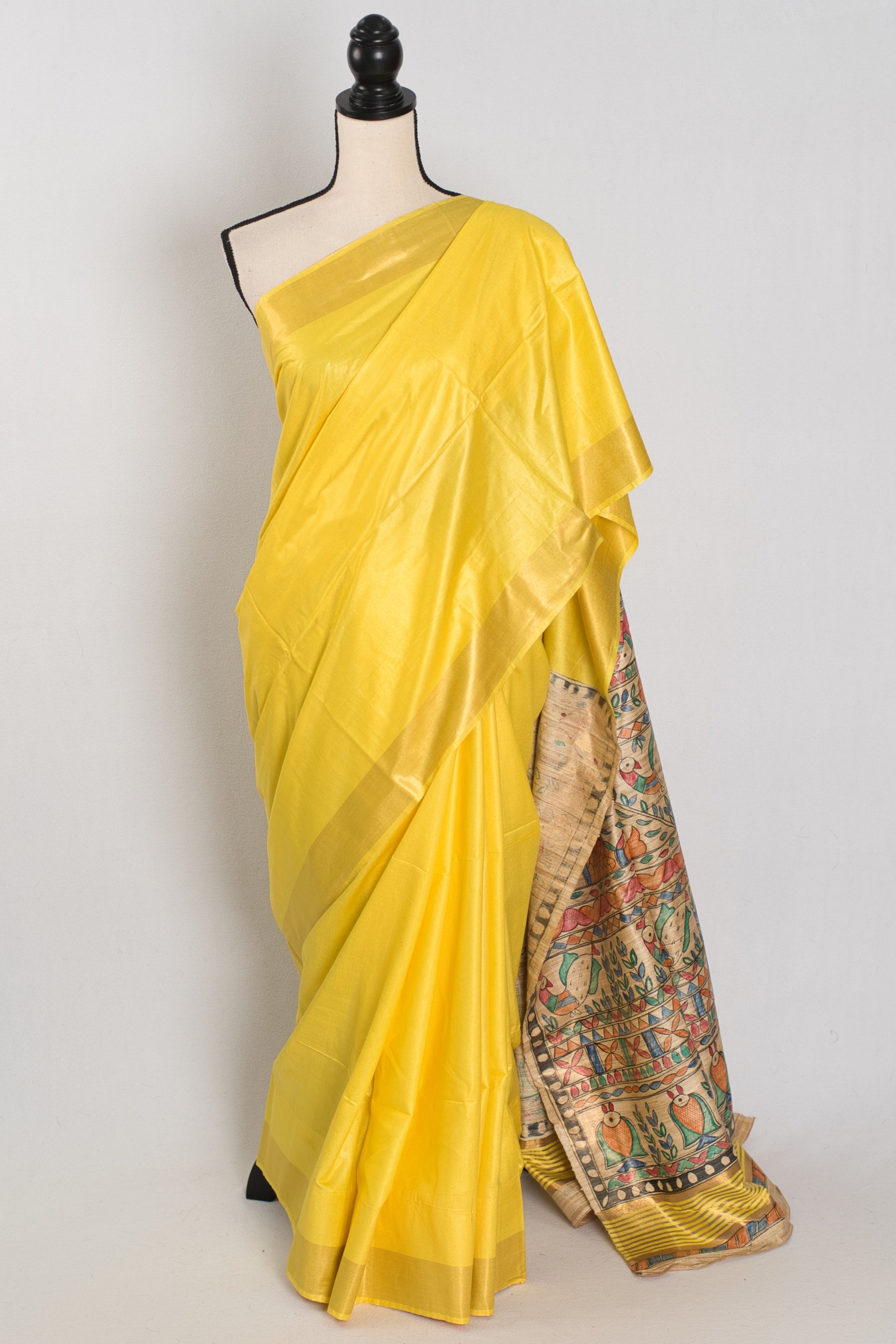 Ragini :Bright Yellow Staple Tussar Saree | Hand-Painted Madhubani Pallu image 0