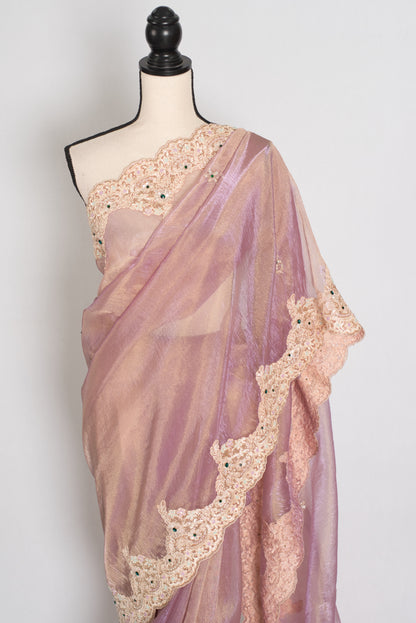 Priya | Lavender Soft Tissue Scalloped Embroidery Saree | Pastel Partywear image 6