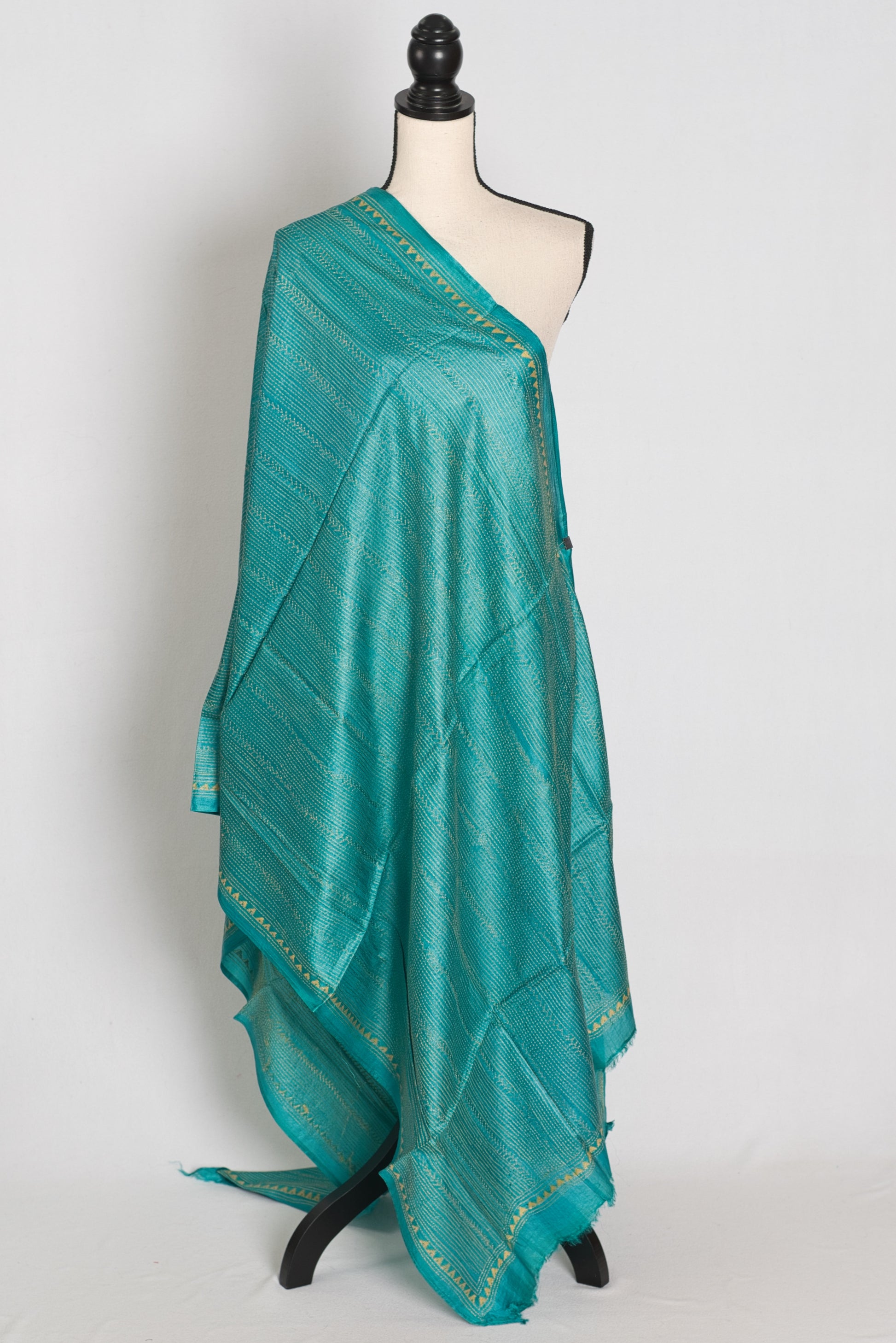 Hand Embroidered Turquoise Blue & Mustard Gold Desi Tussar Silk Kantha Dupatta image 0