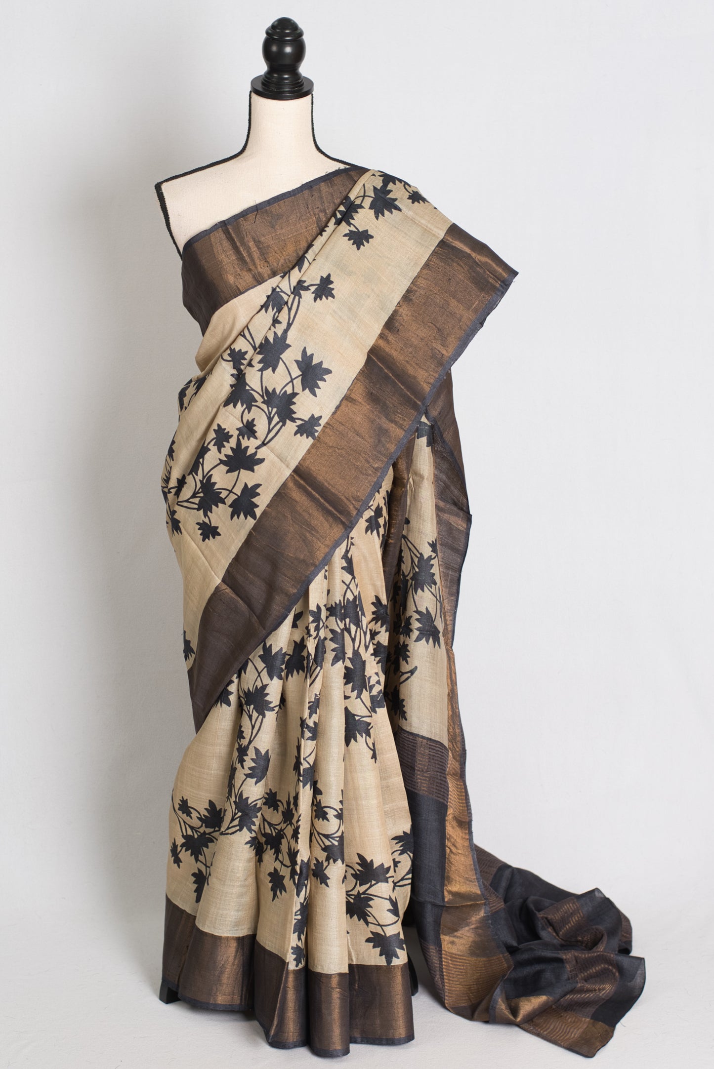 Mira : Printed Tussar Silk Saree in Cream and Black image 0