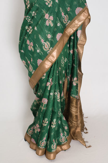 Ahalya | Forest Green Pure Muga Tussar Silk Saree | Contemporary Abstract Prints image 6