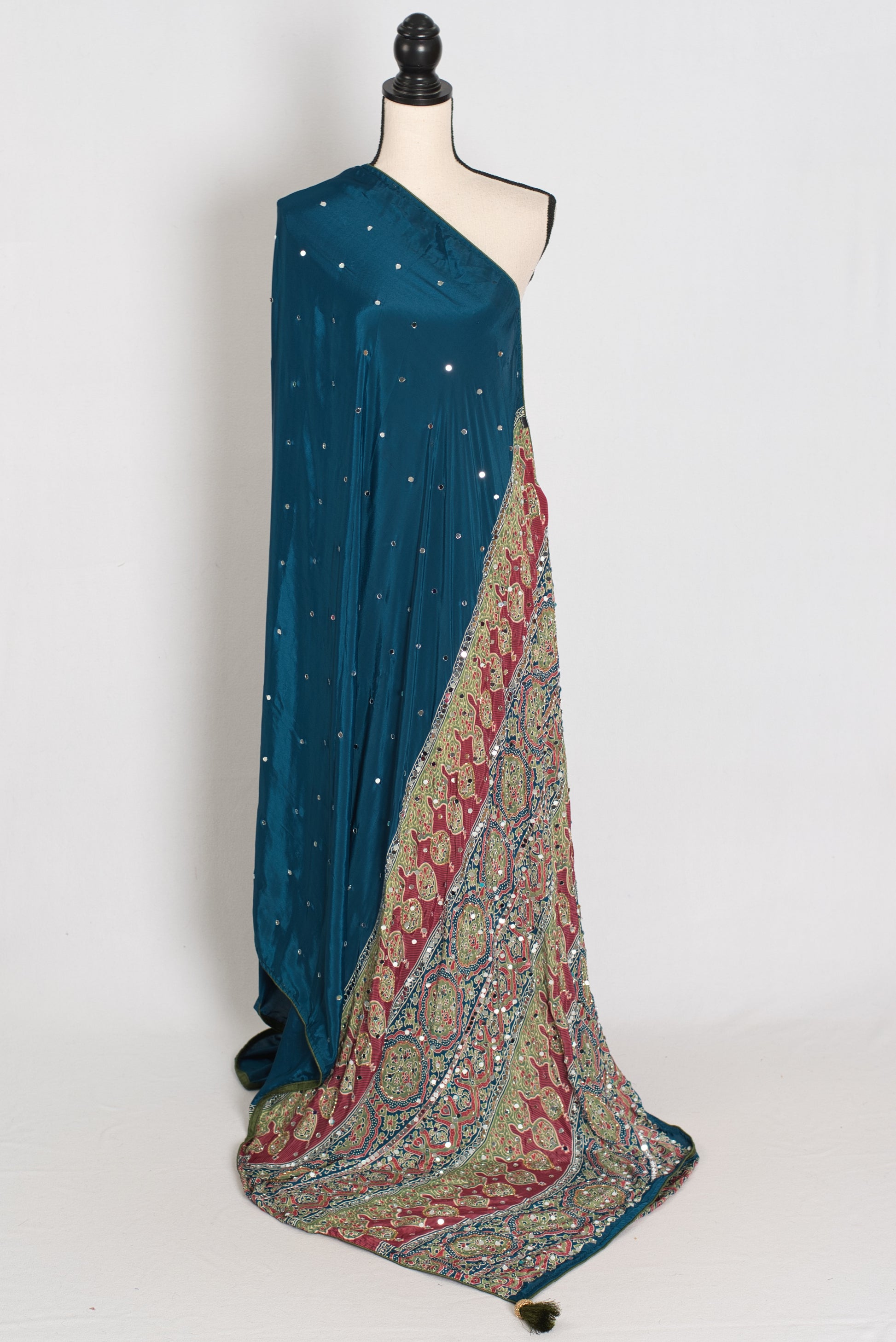 Ira | Teal Blue Mirror Work Partywear Saree | Ajrakh Printed Pallu & Blouse image 1