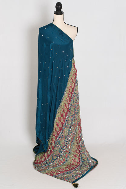 Ira | Teal Blue Mirror Work Partywear Saree | Ajrakh Printed Pallu & Blouse image 1