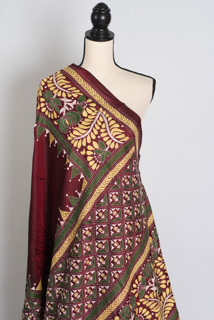 Bina : Dark Red Silk Mark Certified Hand Embroidery Kantha Stitch Saree image 4