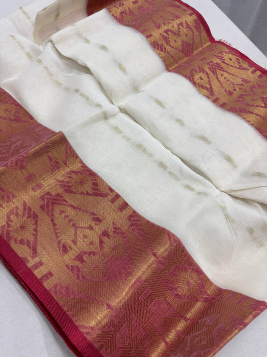 Subhra : Bengal Handloom Tant Cotton Saree in Off White and Red image 0
