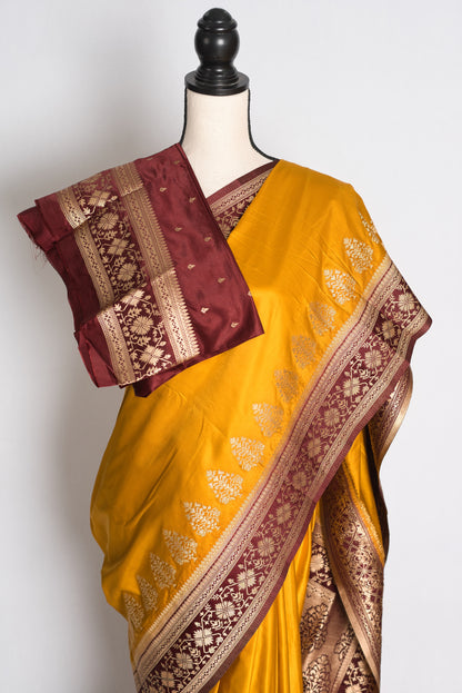 Damini: Mustard Yellow Semi Mashru Valkalam Banarasi Silk Saree image 2