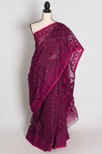 Trina : Magenta Soft Blended Cotton Jamdani Saree image 0