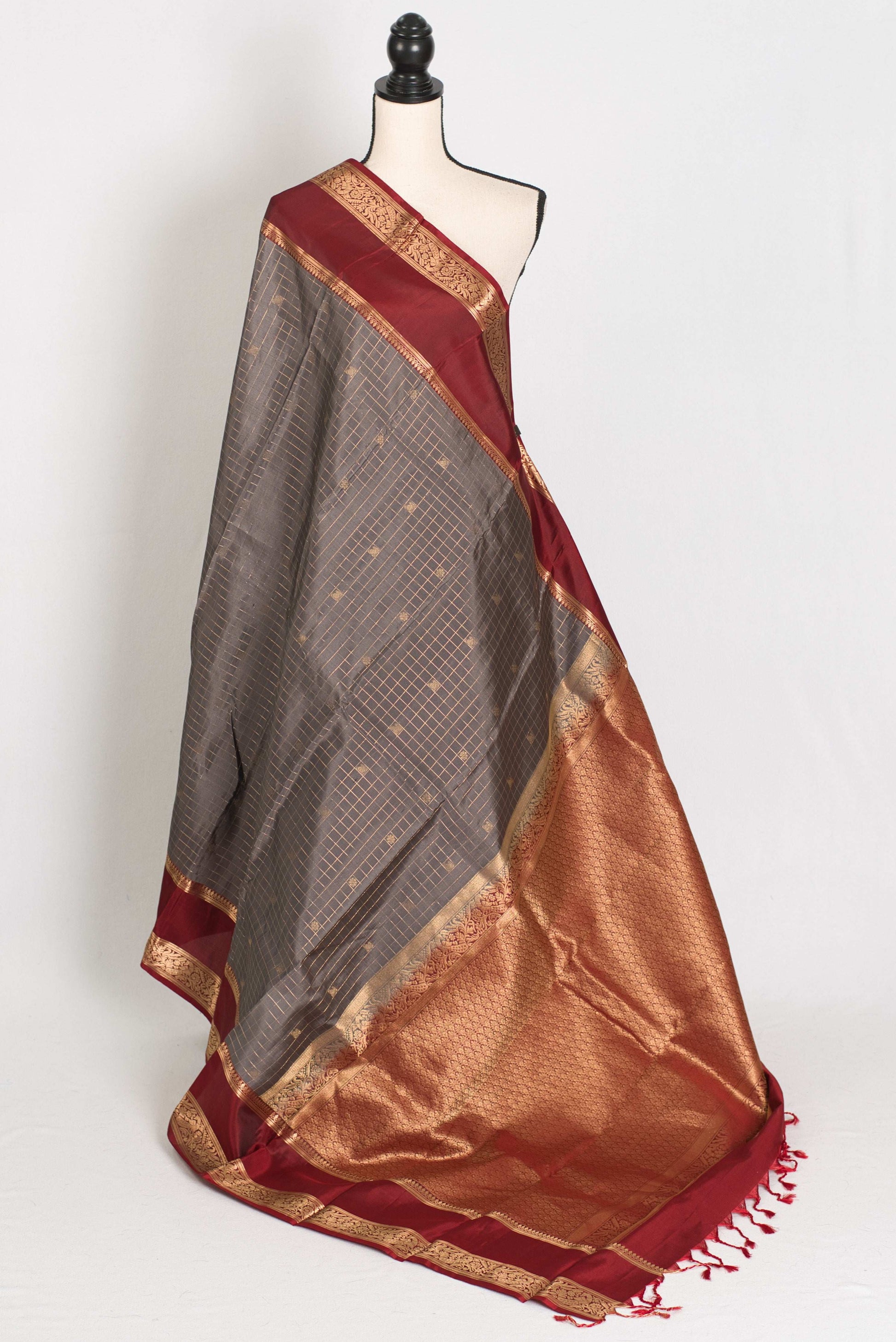 Kalyani : Gray and Maroon Checks Kanjivaram Pattu Silk Saree image 1