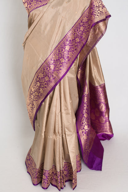 Isha : Certified Silk Banarasi Saree in Clay White and Purple image 6