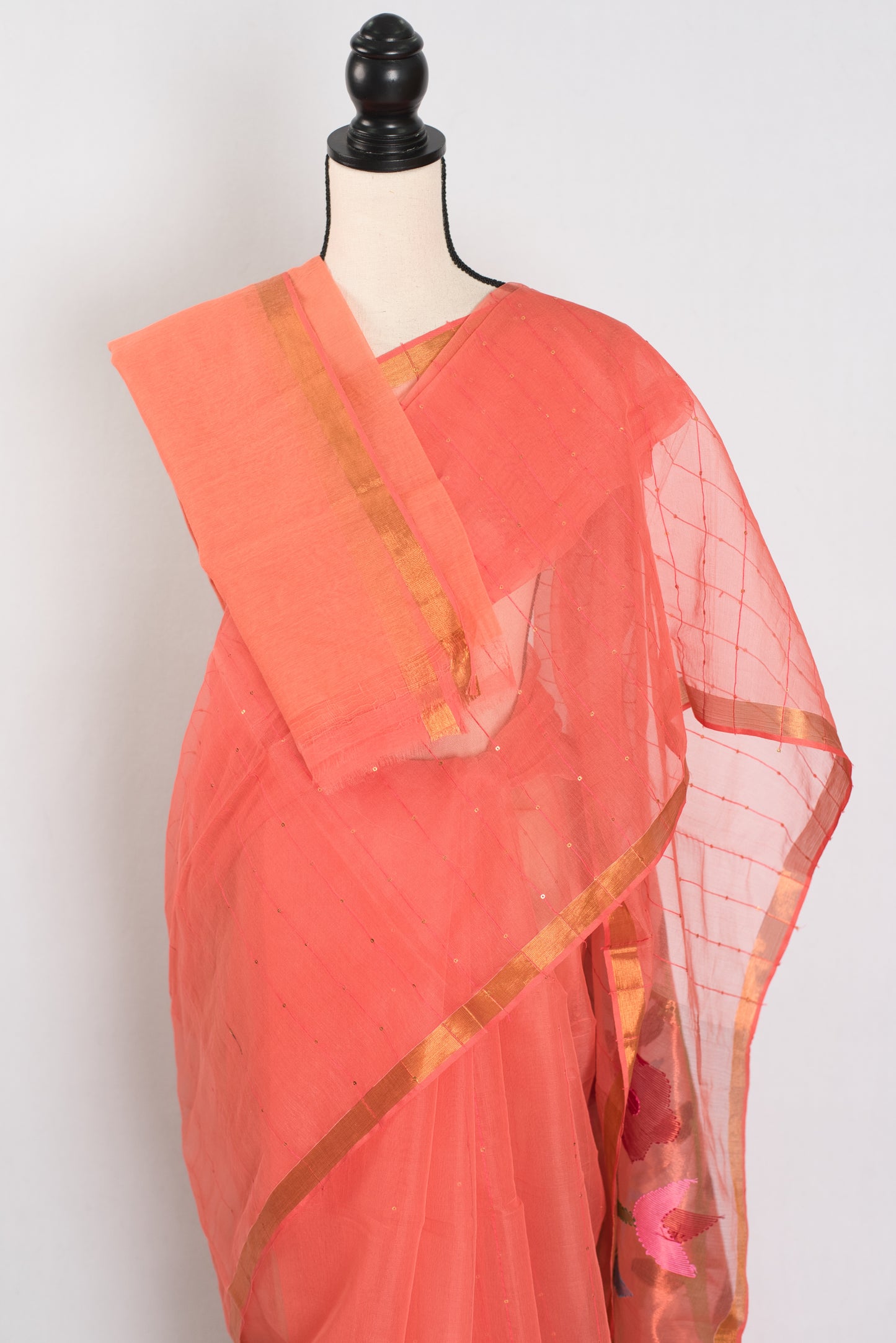Soma: Orange & Gold Muslin Cotton Jamdani Saree | Sequin Weaving image 2
