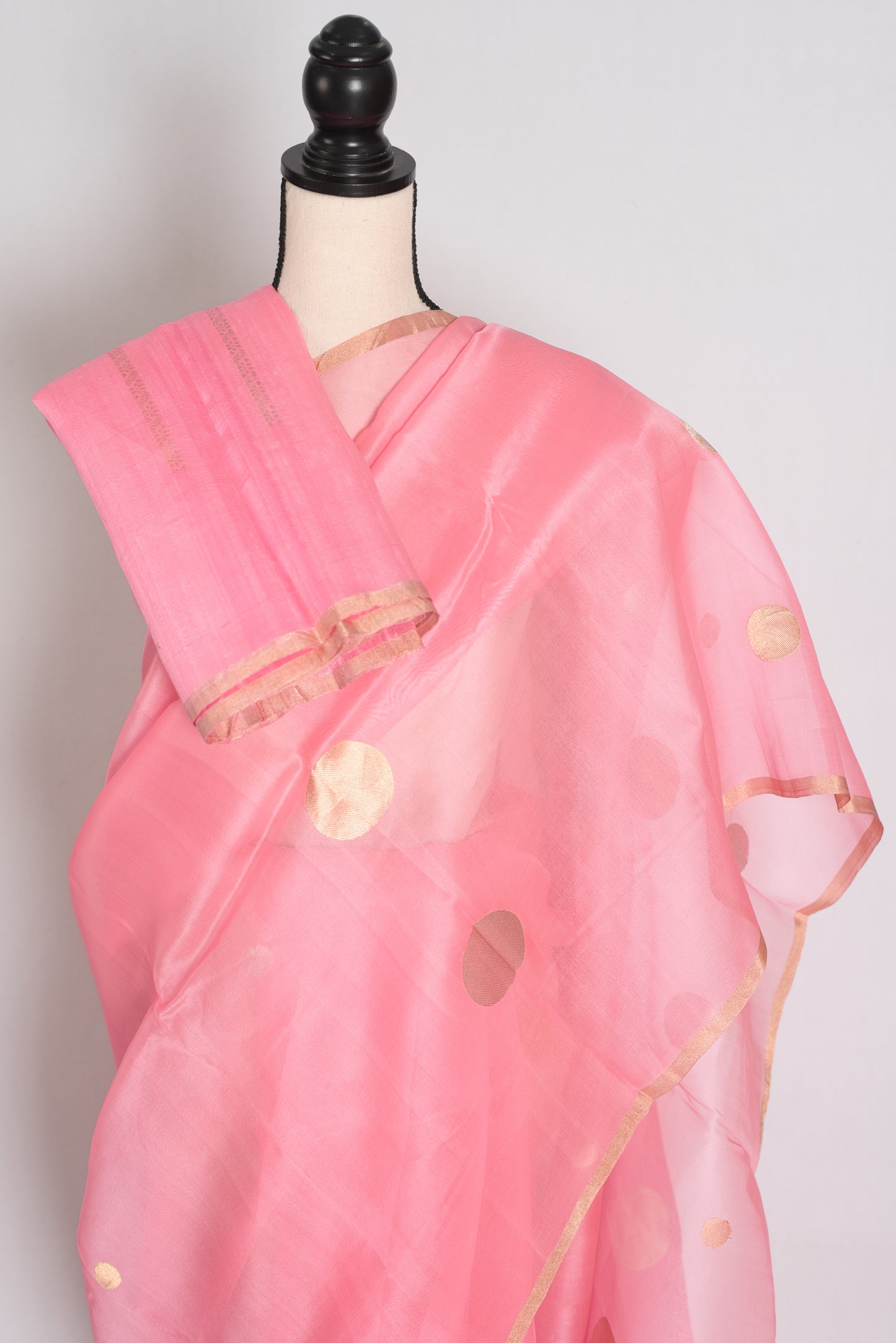 Priya : Pink and Gold Kora Silk Banarasi Saree with Polka Dots image 2