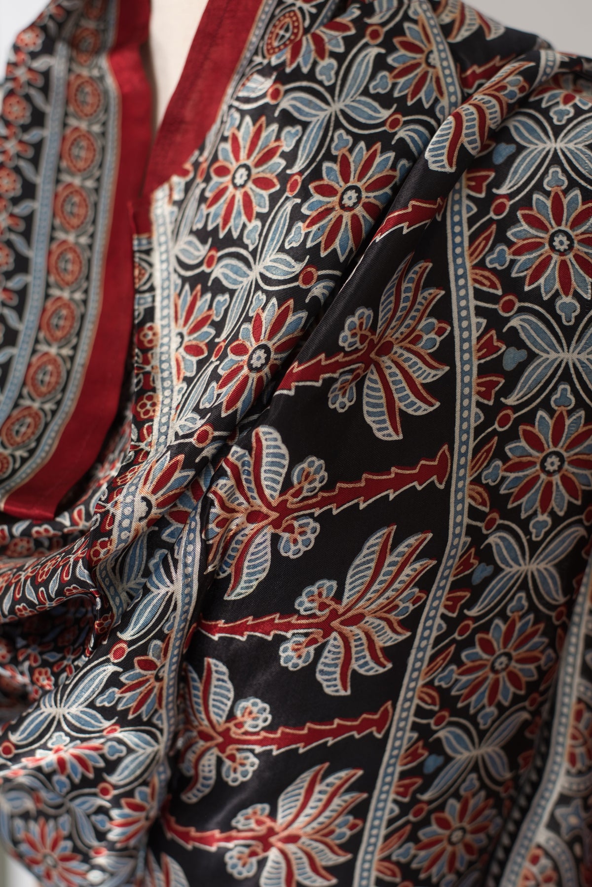 Hand Block Printed Modal Silk Scarf – Luxury Maroon & Black image 1
