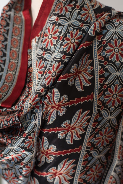 Hand Block Printed Modal Silk Scarf – Luxury Maroon & Black image 1