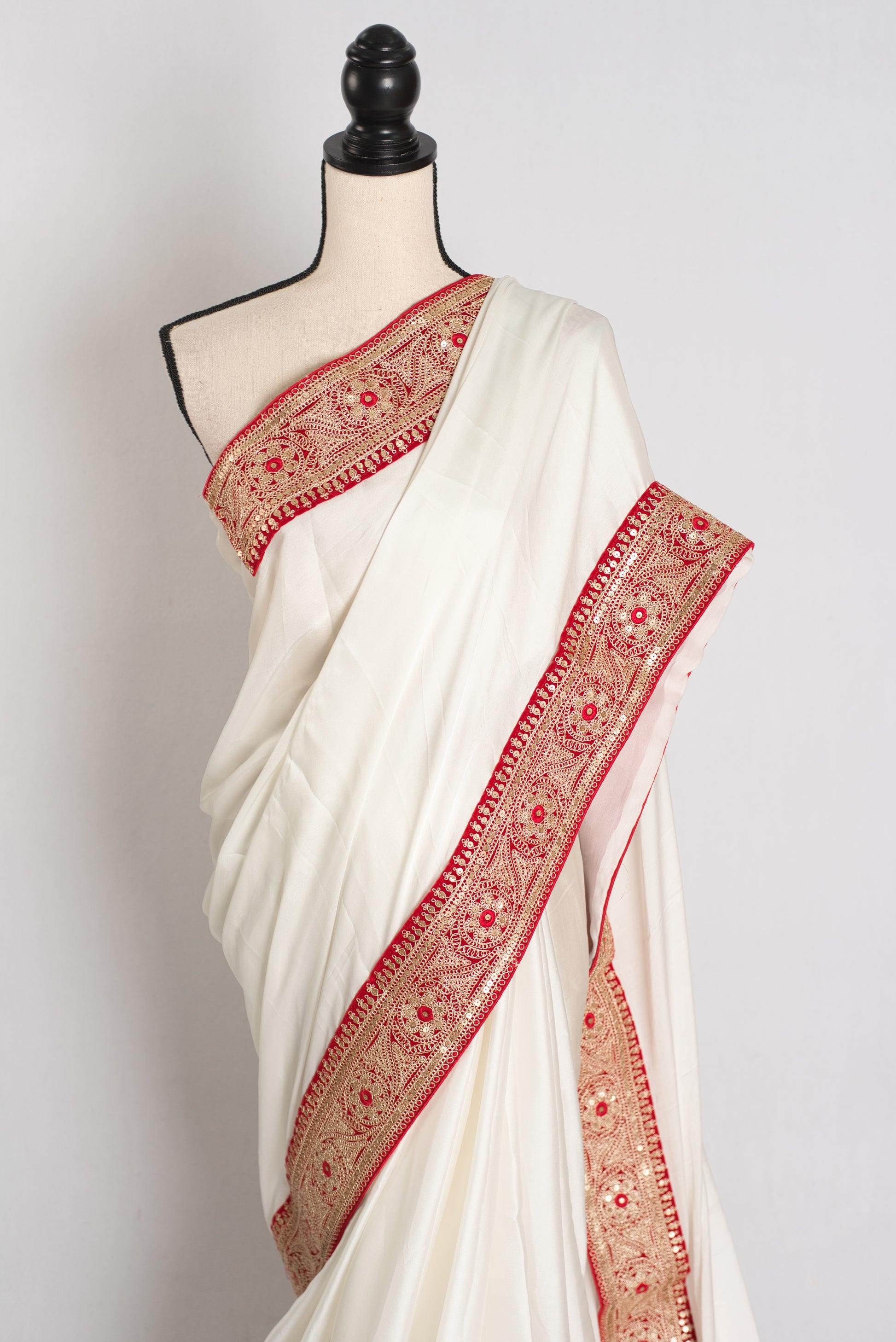 Farah : Off White and Red Patch Border Designer Satin Silk Partywear Saree image 5