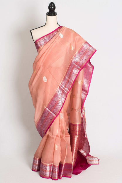 Bidisha : Silk Mark Certified Peach Organza Banarasi Saree with Silver Zari