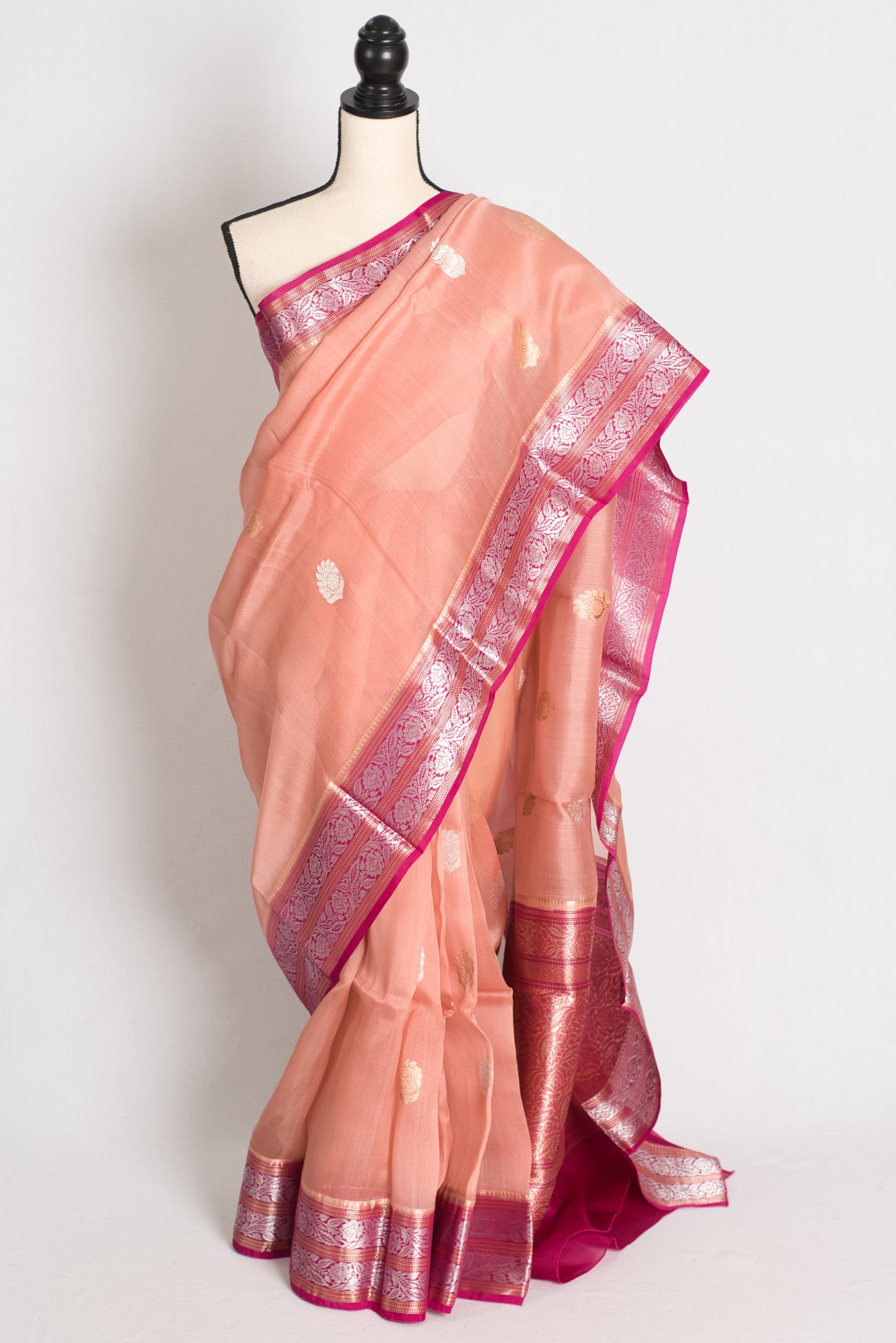 Bidisha : Silk Mark Certified Peach Organza Banarasi Saree with Silver Zari image 0