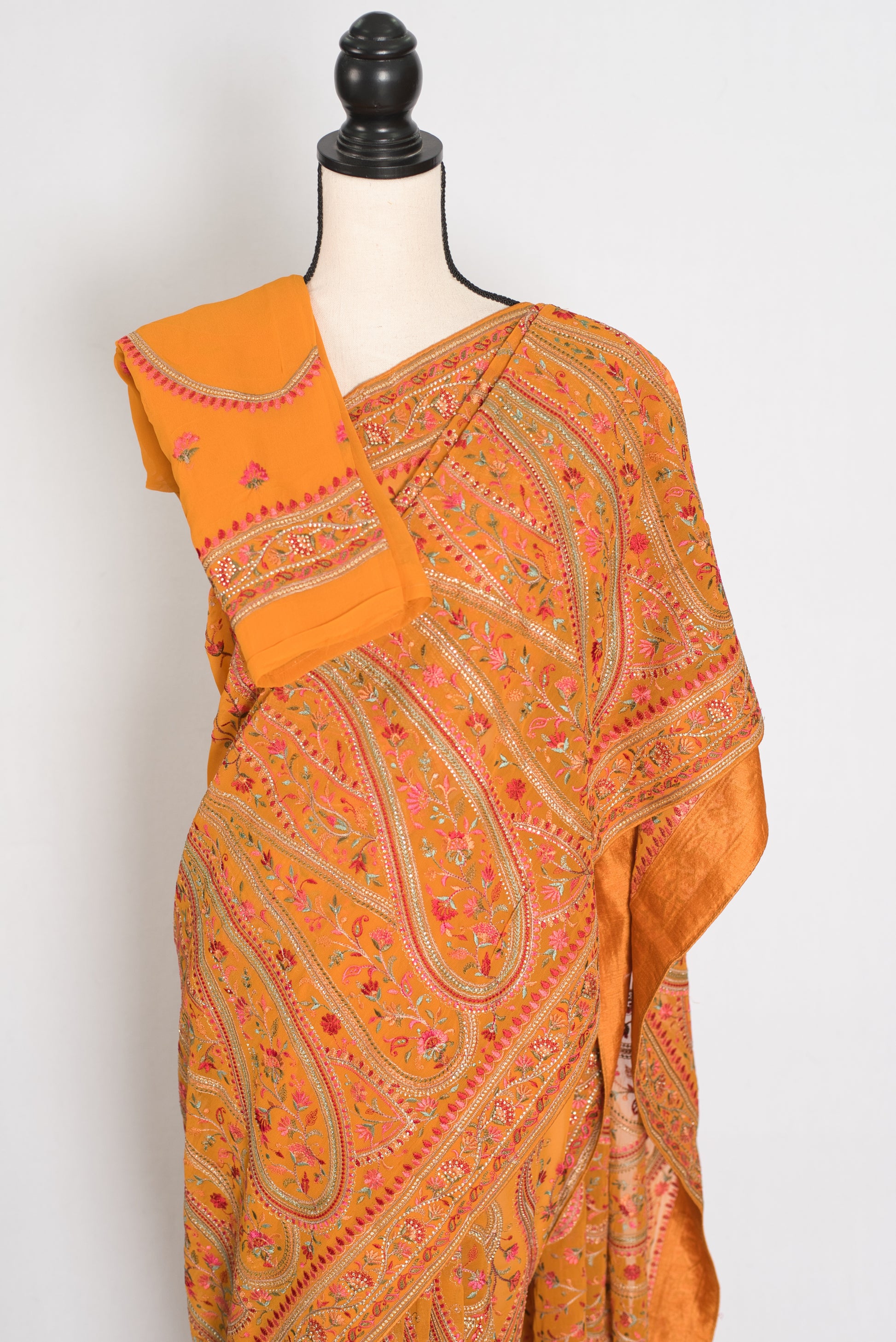 Haldi | Turmeric Yellow Georgette Saree | All-Over Kashmiri Embroidery image 3