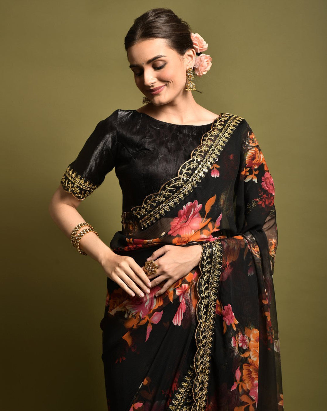 Designer Floral Georgette Partywear Saree in Black.