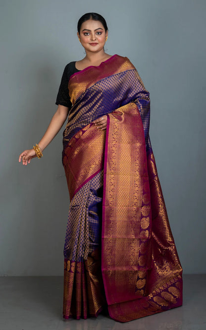 Silk Mark Certified Kanchi Brocade Gadwal Silk Saree in Indigo Blue.