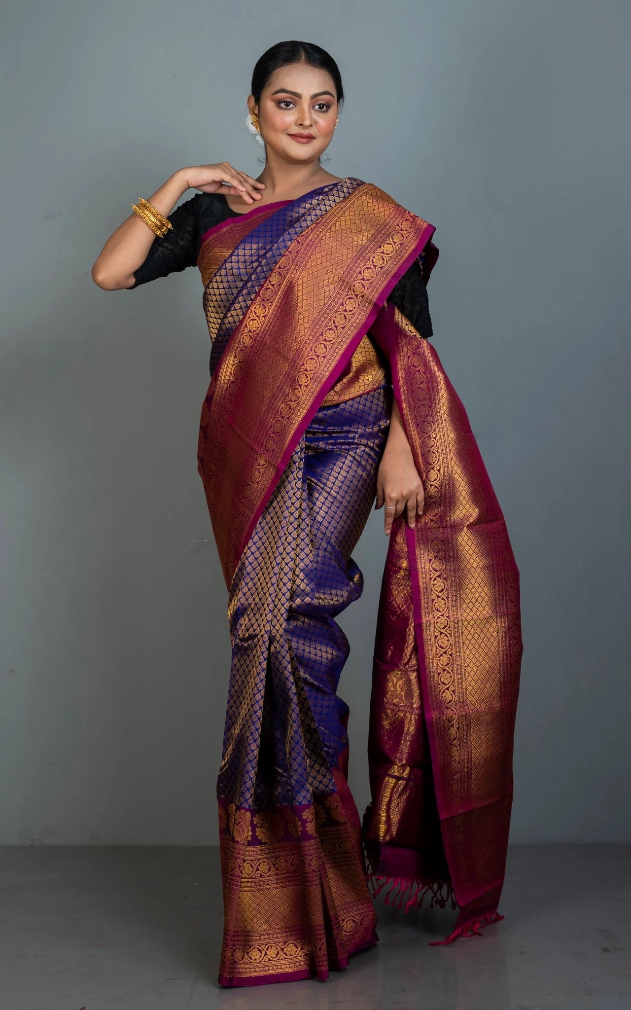 Silk Mark Certified Kanchi Brocade Gadwal Silk Saree in Indigo Blue.