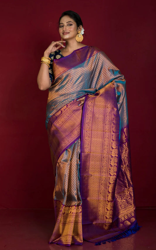 Silk Mark Certified Kanchi Brocade Gadwal Silk Saree in Blue.