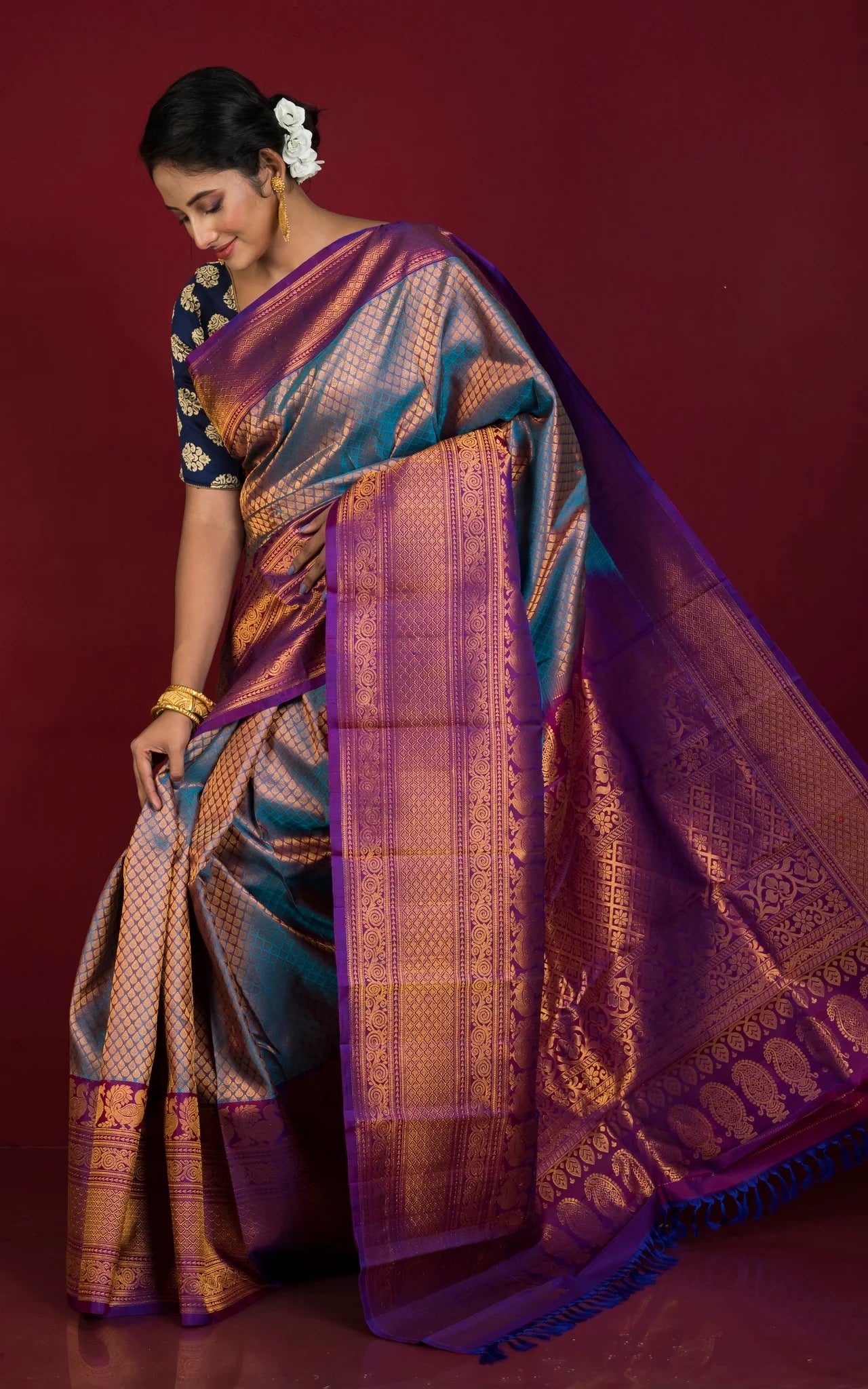 Silk Mark Certified Kanchi Brocade Gadwal Silk Saree in Blue.